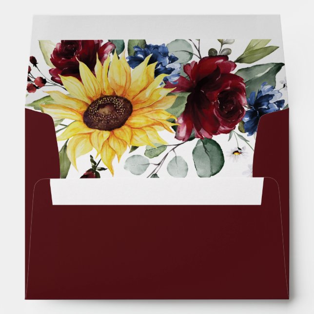 Sunflower Burgundy Roses Navy Blue Rustic Wedding Envelope (Back (Bottom))
