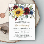 Sunflower Burgundy Roses Navy Blue Rustic Wedding Invitation<br><div class="desc">Design features an elegant bouquet of watercolor sunflowers,  peony roses,  eucalyptus,  greenery and more with a unique typography layout in medium black and printed gold coloured text.</div>