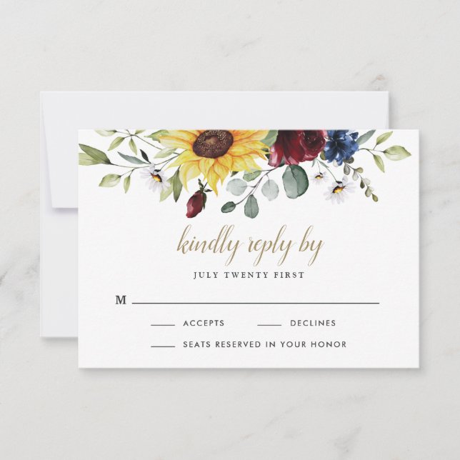 Sunflower Burgundy Roses Navy Blue Rustic Wedding RSVP Card (Front)