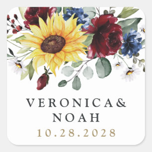 Sunflower Burgundy Roses Navy Blue Rustic Wedding Square Sticker