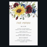 Sunflower Burgundy Roses Navy Wedding Menu Cards<br><div class="desc">Design features an elegant bouquet of watercolor sunflowers,  peony roses,  eucalyptus,  greenery and more with a unique typography layout in medium black and printed gold coloured text.  You can use the template as is or add more meals,  desserts and more. This template is fully customisable.</div>