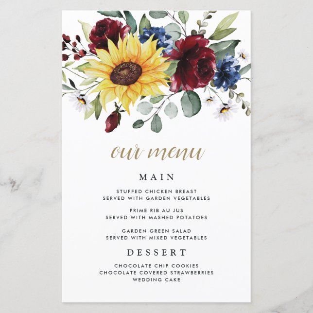 Sunflower Burgundy Roses Navy Wedding Menu Cards (Front)