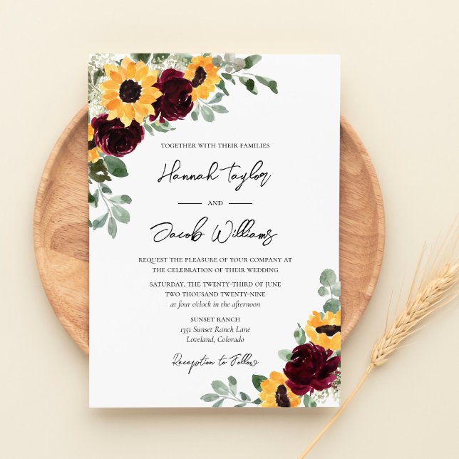 Sunflower Burgundy Roses Rustic Wedding Invitation (Creator Uploaded)