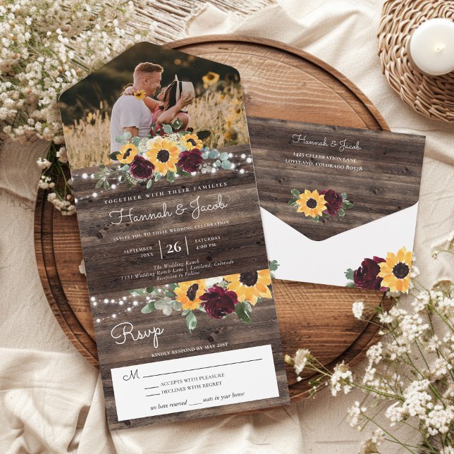 Sunflower Burgundy Roses Rustic Wood Photo Wedding All In One Invitation (Creator Uploaded)