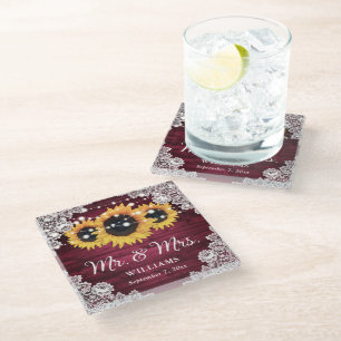 Sunflower Burgundy Rustic Wood Lace Wedding Glass Coaster