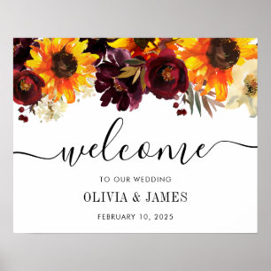 Sunflower Burgundy Watercolor Wedding Welcome Sign