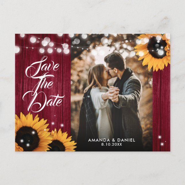 Sunflower Burgundy Wedding Photo Save The Date Announcement Postcard (Front)