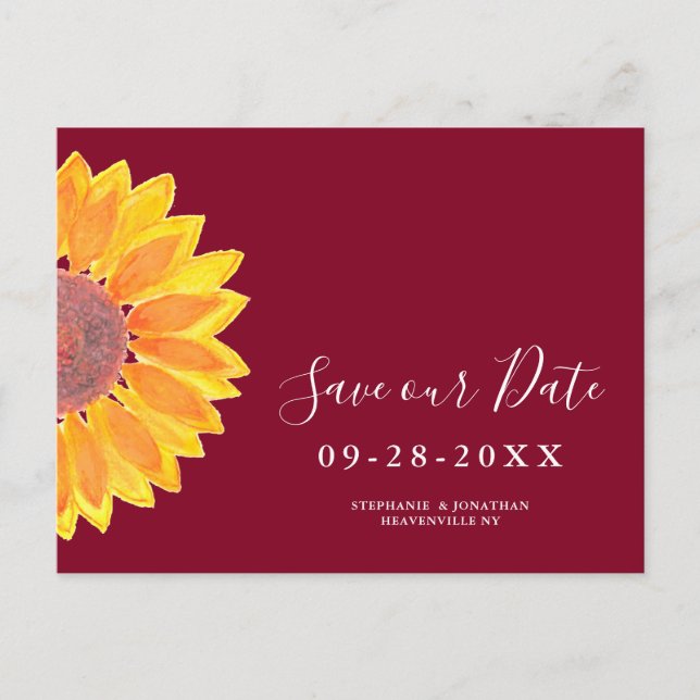 Sunflower Burgundy Wedding Save The Date Announcement Postcard (Front)