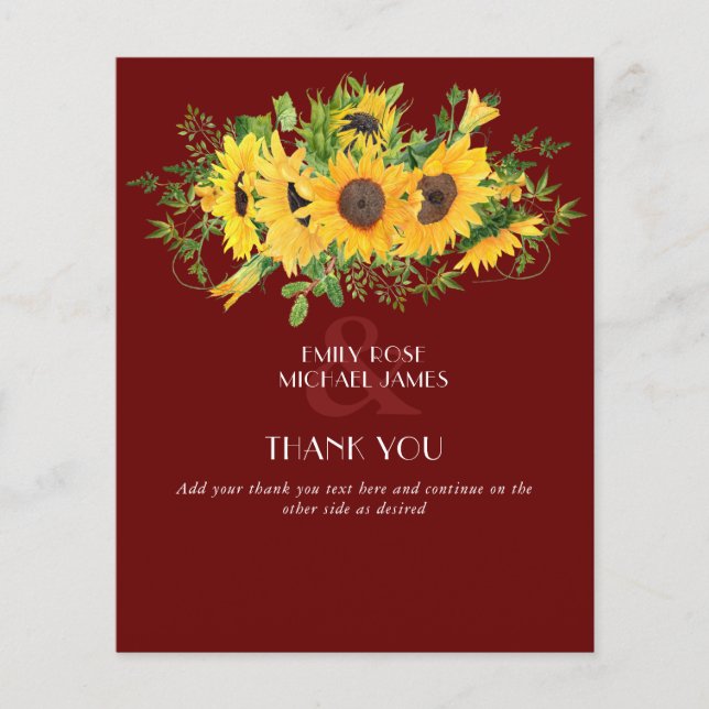 Sunflower Burgundy Wedding Thank You (Front)