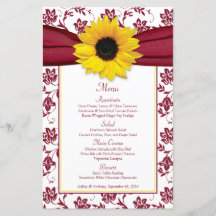 Sunflower Burgundy White Damask Wedding Menu Card