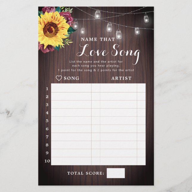 Sunflower Burgundy Wood Bridal Shower Song Game (Front)