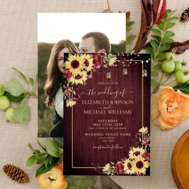 Sunflower Burgundy Wood Floral Photo Wedding Invitation (Creator Uploaded)