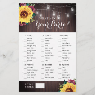 Sunflower Burgundy Wood Purse Bridal Shower Game