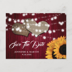 Sunflower Burgundy Wood Wedding Save The Date Postcard