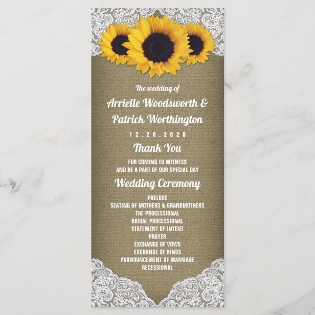 Sunflower Burlap and Lace Rustic Wedding Programs Programme (Front)