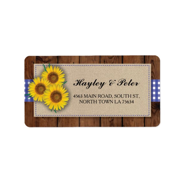 Sunflower Burlap Blue Check Elegant Address Labels (Front)