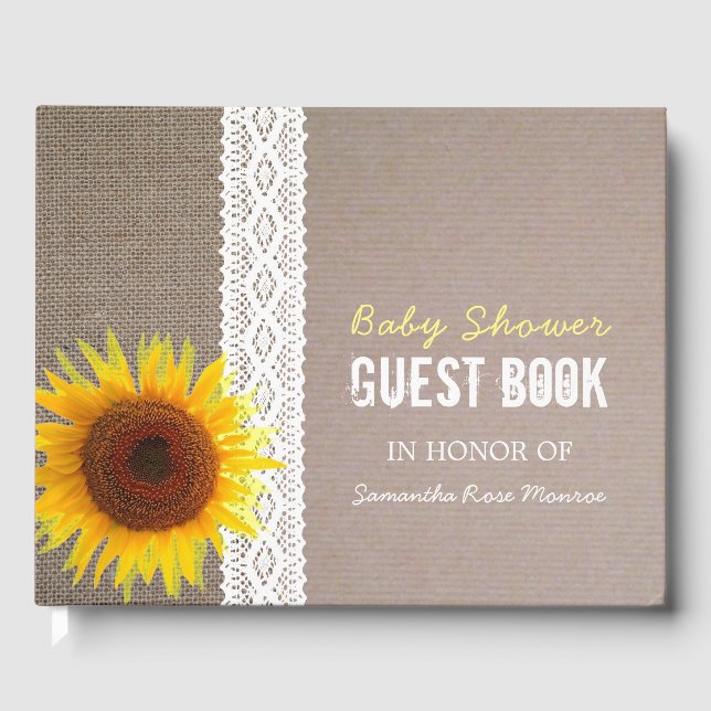 Sunflower Burlap & Crochet Lace Baby Shower Guest Book (Front)