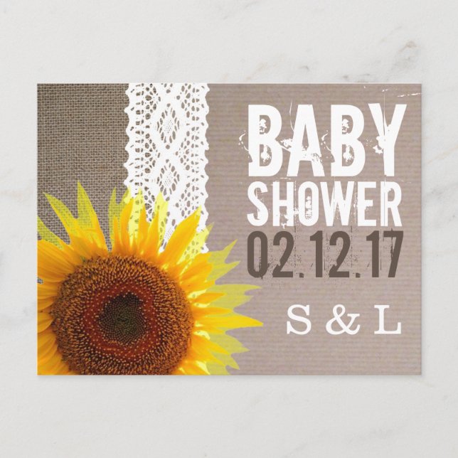 Sunflower Burlap & Crochet Lace Baby Shower Invite (Front)