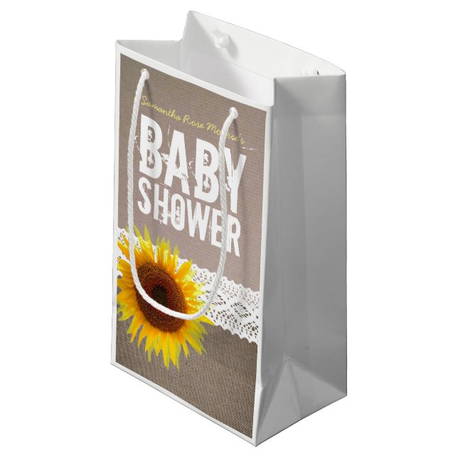 Sunflower Burlap & Crochet Lace Baby Shower Small Gift Bag (Front Angled)