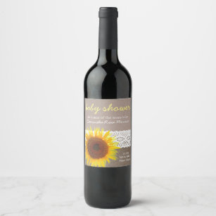Sunflower Burlap & Crochet Lace Baby Shower Wine Label