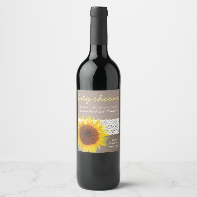 Sunflower Burlap & Crochet Lace Baby Shower Wine Label (Front)