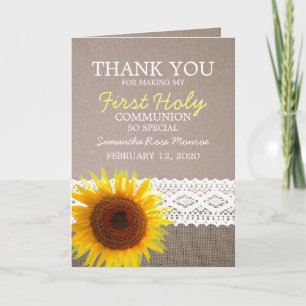 Sunflower Burlap, First Holy Communion Thank You Card