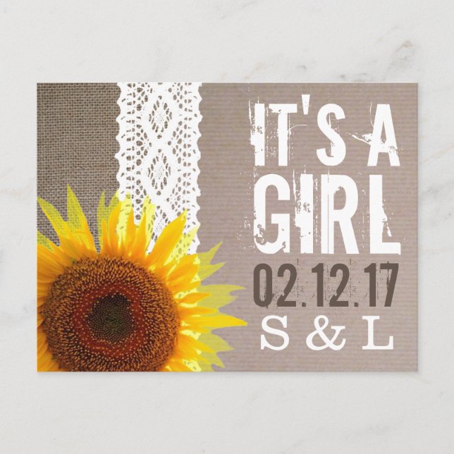 Sunflower Burlap & Lace Baby Announcement Postcard (Front)