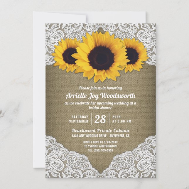 Sunflower Burlap Lace Bridal Shower Invitations (Front)