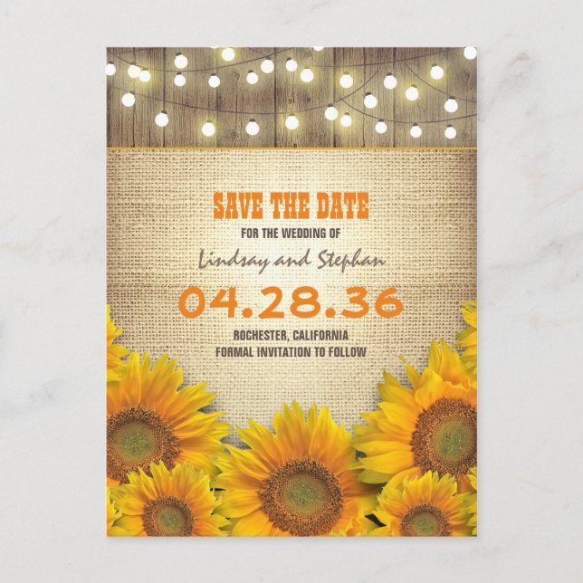 Sunflower Burlap String Light Rustic Save the Date Announcement Postcard (Front)