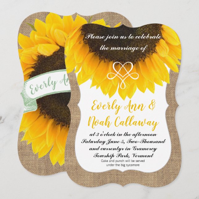 Sunflower Burlap Typography Wedding Invitation (Front/Back)