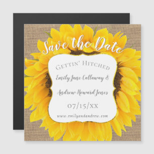 Sunflower Burlap Typography Wedding Save the Date Magnetic Invitation