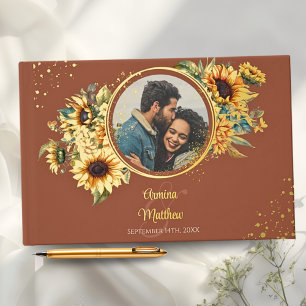 Sunflower Burnt Orange Elegant Photo Gold Guest Book