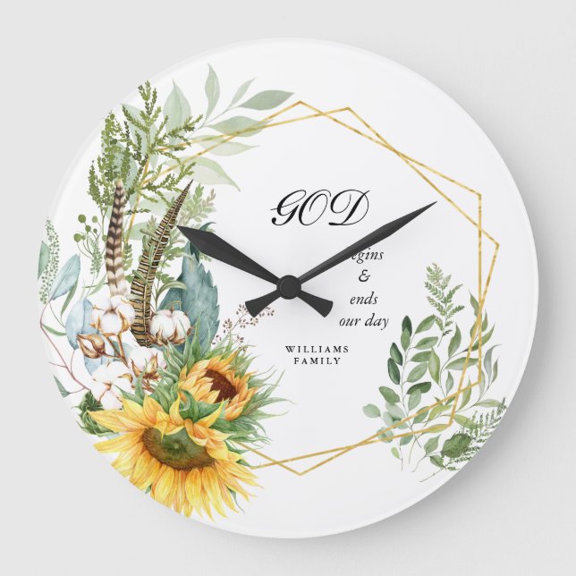 Sunflower Burst Christian Custom Name Large Clock (Front)