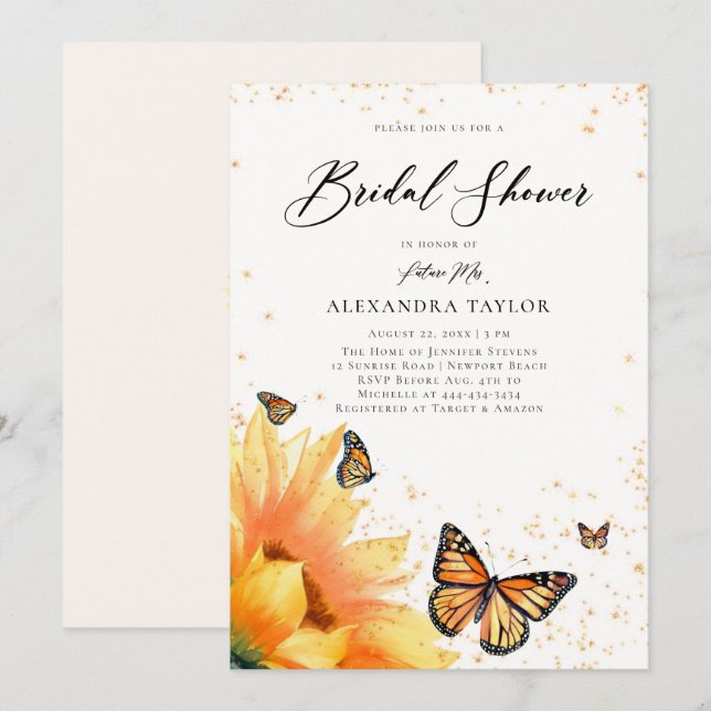 Sunflower Butterflies Gold Rustic Bridal Shower Invitation (Front/Back)