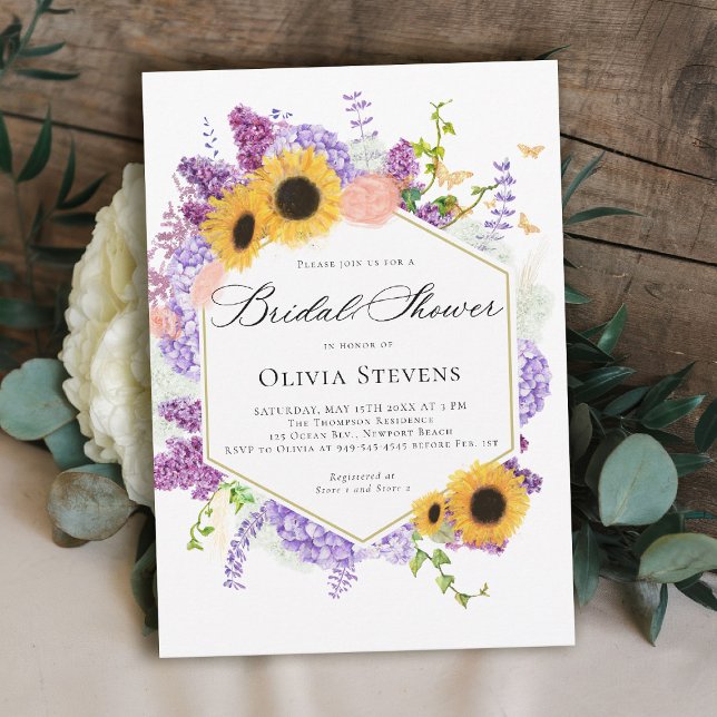 Sunflower Butterflies Lilac Hexagon Bridal Shower Invitation (rustic bridal shower invitation sunflower lilac butterflies boho romantic elegant hexagon)