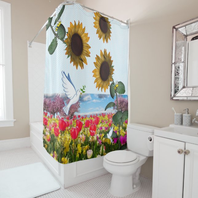 Sunflower Butterfly Bumblebee Shower Curtain (In Situ)