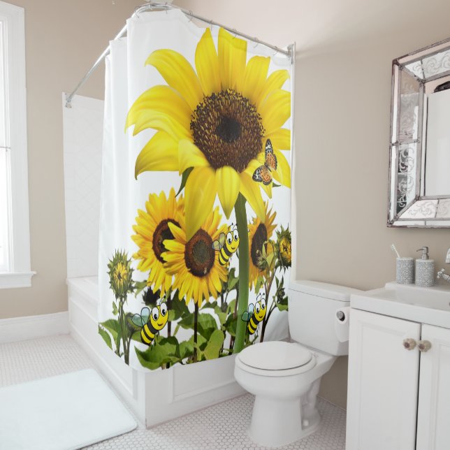Sunflower Butterfly Bumblebee Shower Curtain (In Situ)