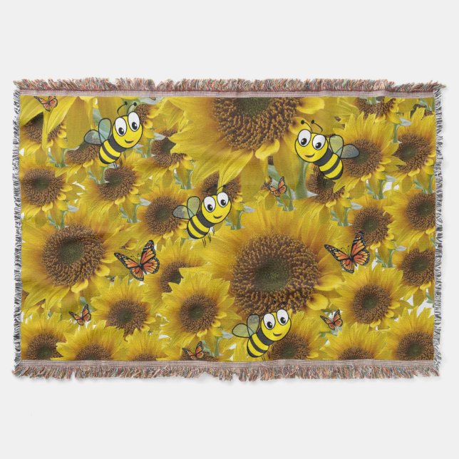 Sunflower Butterfly Bumblebee Throw Blanket (Front)