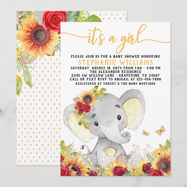 Sunflower Butterfly Elephant Baby Shower Invitation (Front/Back)