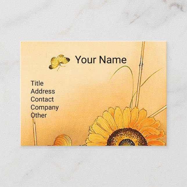 SUNFLOWER ,BUTTERFLY,GREEN LEAVES Japanese Floral Business Card (Front)
