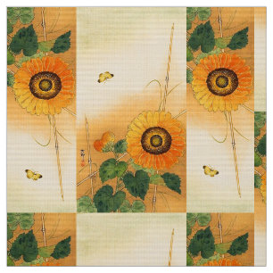 SUNFLOWER ,BUTTERFLY,GREEN LEAVES Japanese Floral Fabric