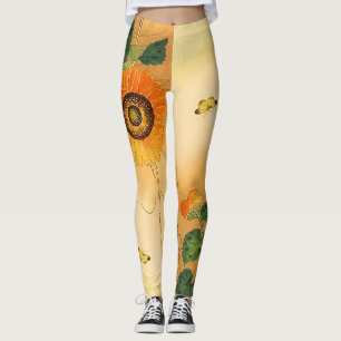 SUNFLOWER ,BUTTERFLY,GREEN LEAVES Japanese Floral Leggings