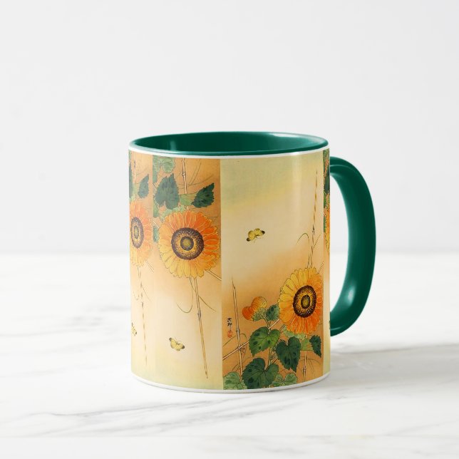 SUNFLOWER ,BUTTERFLY,GREEN LEAVES Japanese Floral Mug (Front Right)