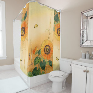 SUNFLOWER ,BUTTERFLY,GREEN LEAVES Japanese Floral Shower Curtain