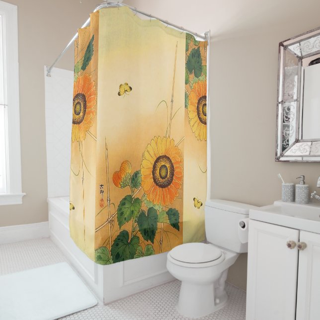 SUNFLOWER ,BUTTERFLY,GREEN LEAVES Japanese Floral Shower Curtain (In Situ)