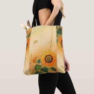 SUNFLOWER ,BUTTERFLY,GREEN LEAVES Japanese Floral Tote Bag