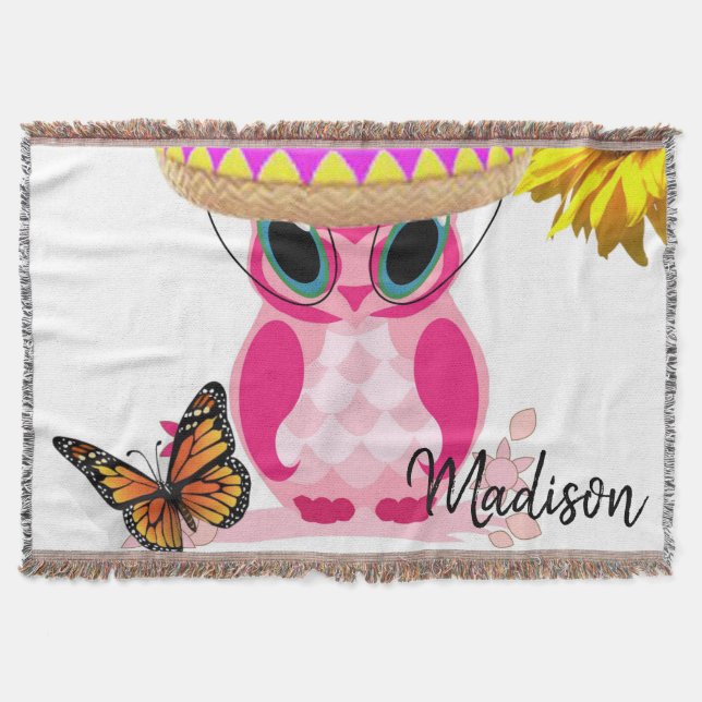 Sunflower Butterfly Owl Throw Blanket (Front)