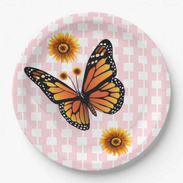 Sunflower Butterfly Paper Plates Pink White Square (Front)