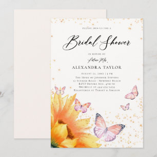Sunflower Butterfly Pink Gold Rustic Bridal Shower Invitation