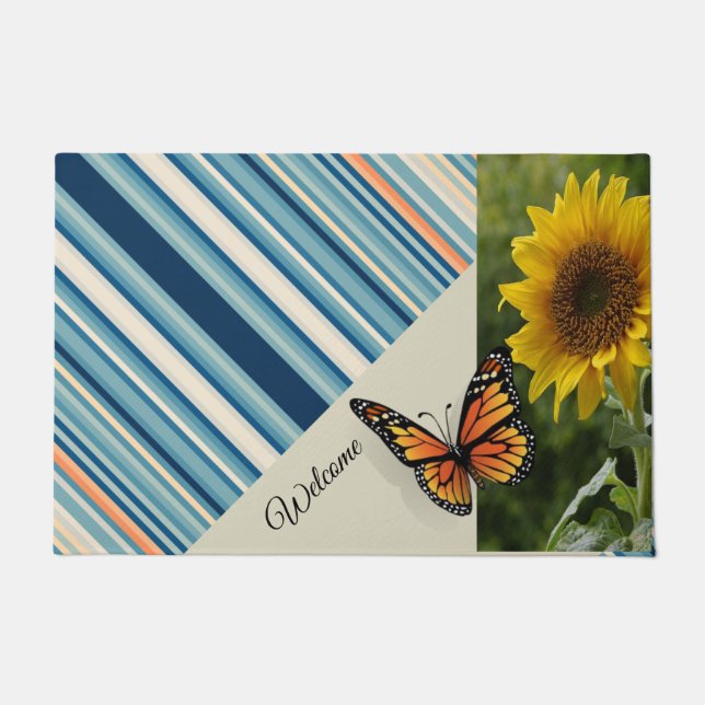 Sunflower Butterfly Stripe  Door Mat (Front)